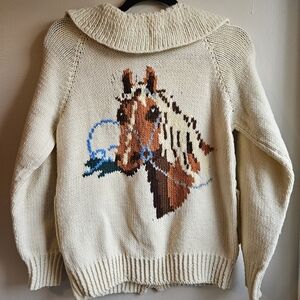 Vintage 1960 hand knit Cowichan-style sweater featuring a horse design Front Zip